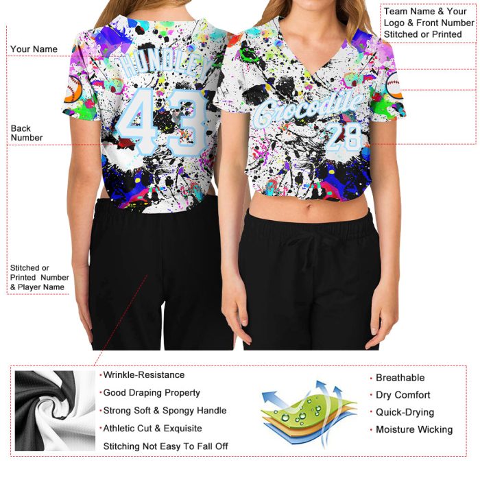 Custom Womens 3D V-Neck Baseball Jersey with Graffiti Pattern & Light Blue Splashes, Style 6174 Custom Women's Graffiti Pattern - Image 3