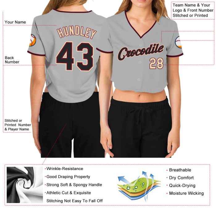 Custom Womens V-Neck Baseball Jersey in Gray Black Crimson-Cream, Cropped Style Custom Women's Gray Black Crimson-Cream V-Neck - Image 3