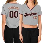 Custom Womens V-Neck Baseball Jersey in Gray Black Crimson-Cream, Cropped Style Custom Women's Gray Black Crimson-Cream V-Neck