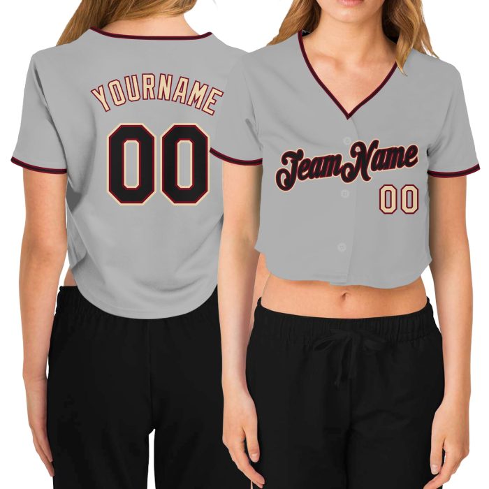 Custom Womens V-Neck Baseball Jersey in Gray Black Crimson-Cream, Cropped Style Custom Women's Gray Black Crimson-Cream V-Neck - Image 1