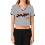 Custom Womens V-Neck Baseball Jersey in Gray Black Crimson-Cream, Cropped Style Custom Women's Gray Black Crimson-Cream V-Neck - Image 2