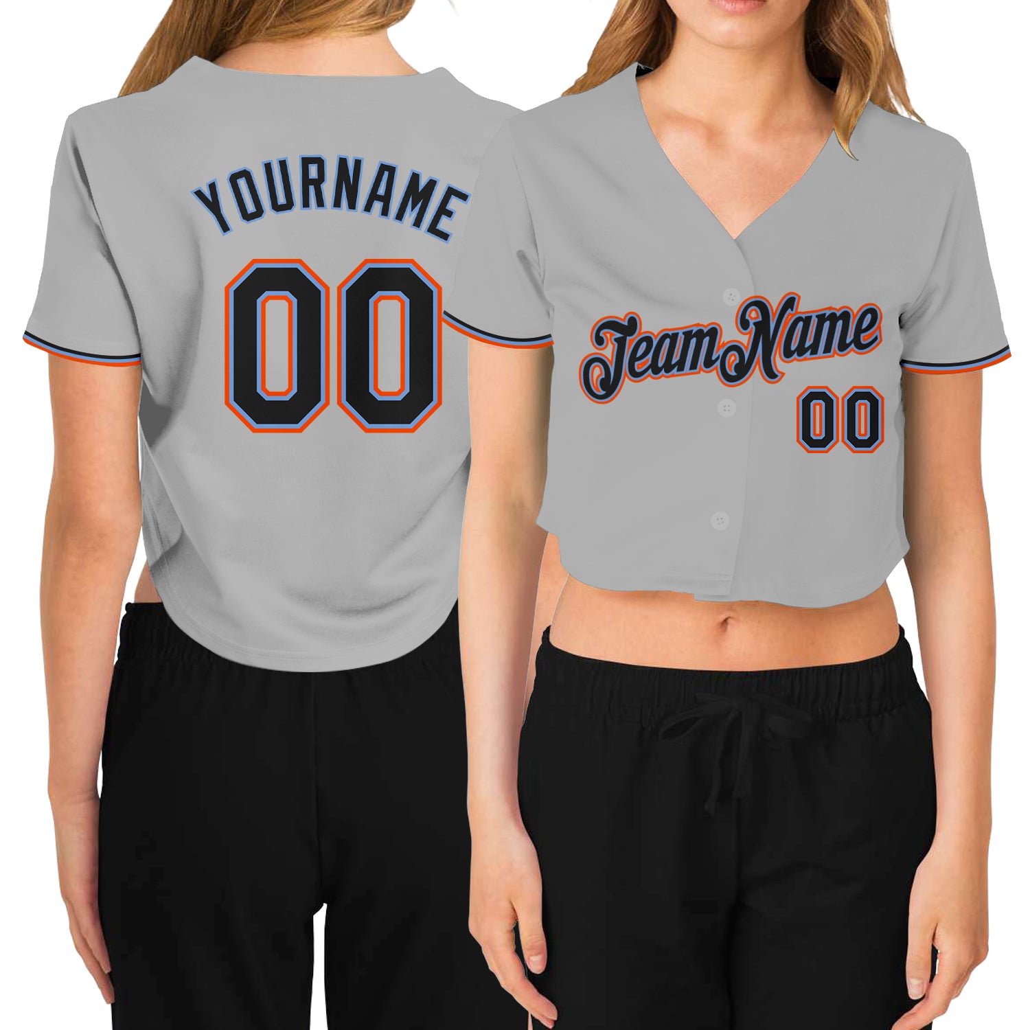 Custom Women's Gray Black Powder Blue-Orange V-Neck Cropped Baseball Jersey Custom Womens V-Neck Cropped Baseball Jersey - Gray Black Powder Blue Orange Custom Women's Gray Black Powder Blue-Orange - Image 1