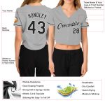 Womens Custom V-Neck Baseball Jersey - Gray Black White Cropped Style Custom Women's Gray Black-White V-Neck Cropped Baseball - Image 3