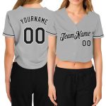 Womens Custom V-Neck Baseball Jersey - Gray Black White Cropped Style Custom Women's Gray Black-White V-Neck Cropped Baseball