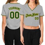 Womens Custom Gray Green-Gold V-Neck Cropped Jersey for Baseball Custom Women's Gray Green-Gold V-Neck Cropped Baseball Jersey