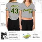 Womens Custom Gray Green-Gold V-Neck Cropped Jersey for Baseball Custom Women's Gray Green-Gold V-Neck Cropped Baseball Jersey - Image 3