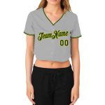Womens Custom Gray Green-Gold V-Neck Cropped Jersey for Baseball Custom Women's Gray Green-Gold V-Neck Cropped Baseball Jersey - Image 2