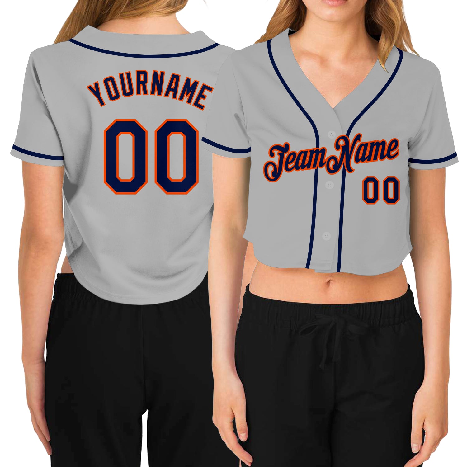 Custom Womens V-Neck Baseball Jersey Gray Navy-Orange Cropped Style Custom Women's Gray Navy-Orange V-Neck Cropped Baseball