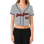 Custom Womens V-Neck Baseball Jersey Gray Navy-Orange Cropped Style Custom Women's Gray Navy-Orange V-Neck Cropped Baseball - Image 2