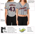 Custom Womens V-Neck Baseball Jersey Gray Navy-Orange Cropped Style Custom Women's Gray Navy-Orange V-Neck Cropped Baseball - Image 3