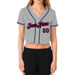 Custom Womens Baseball Jersey Gray Navy Red V-Neck Cropped Design Custom Women's Gray Navy-Red V-Neck Cropped Baseball Jersey - Image 2