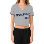 Custom Gray Navy-White V-Neck Cropped Baseball Jersey for Women Custom Women's Gray Navy-White V-Neck Cropped Baseball Jersey - Image 2