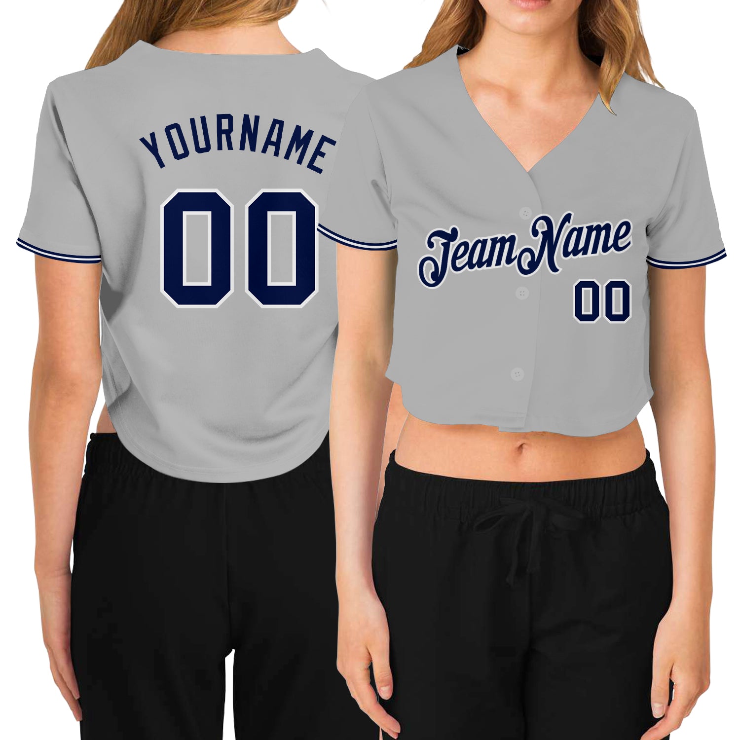 Custom Gray Navy-White V-Neck Cropped Baseball Jersey for Women Custom Women's Gray Navy-White V-Neck Cropped Baseball Jersey