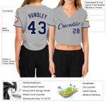 Custom Gray Navy-White V-Neck Cropped Baseball Jersey for Women Custom Women's Gray Navy-White V-Neck Cropped Baseball Jersey - Image 3