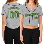 Womens Custom Gray Neon Green-Black V-Neck Cropped Baseball Jersey Custom Women's Gray Neon Green-Black V-Neck Cropped Baseball