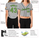 Womens Custom Gray Neon Green-Black V-Neck Cropped Baseball Jersey Custom Women's Gray Neon Green-Black V-Neck Cropped Baseball - Image 3