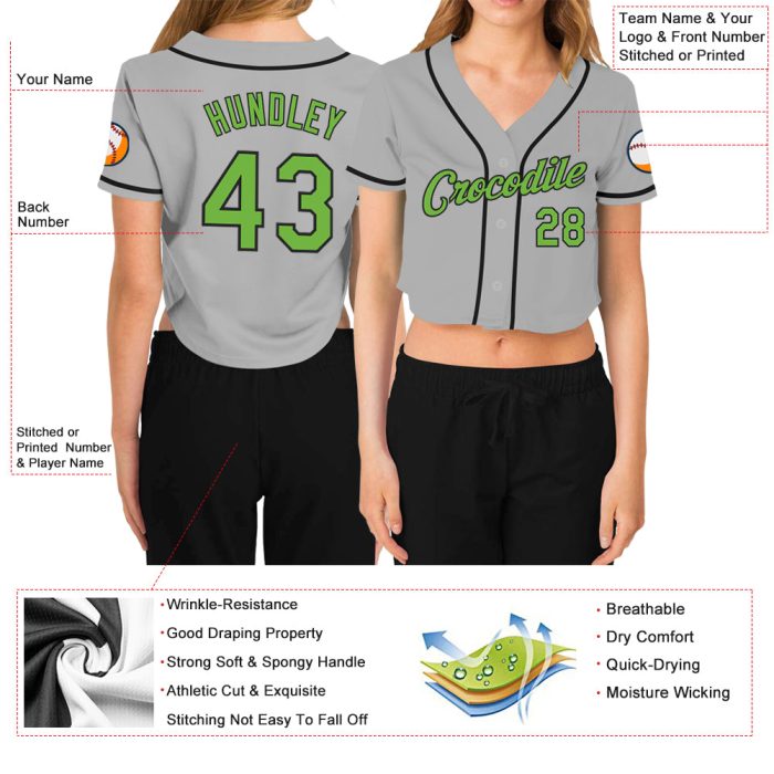 Womens Custom Gray Neon Green-Black V-Neck Cropped Baseball Jersey Custom Women's Gray Neon Green-Black V-Neck Cropped Baseball - Image 3