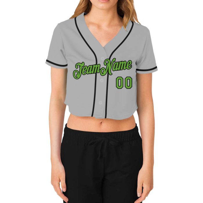 Womens Custom Gray Neon Green-Black V-Neck Cropped Baseball Jersey Custom Women's Gray Neon Green-Black V-Neck Cropped Baseball - Image 2