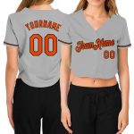 Custom Womens Gray Orange Black V-Neck Cropped Jersey for Baseball Custom Women's Gray Orange-Black V-Neck Cropped Baseball