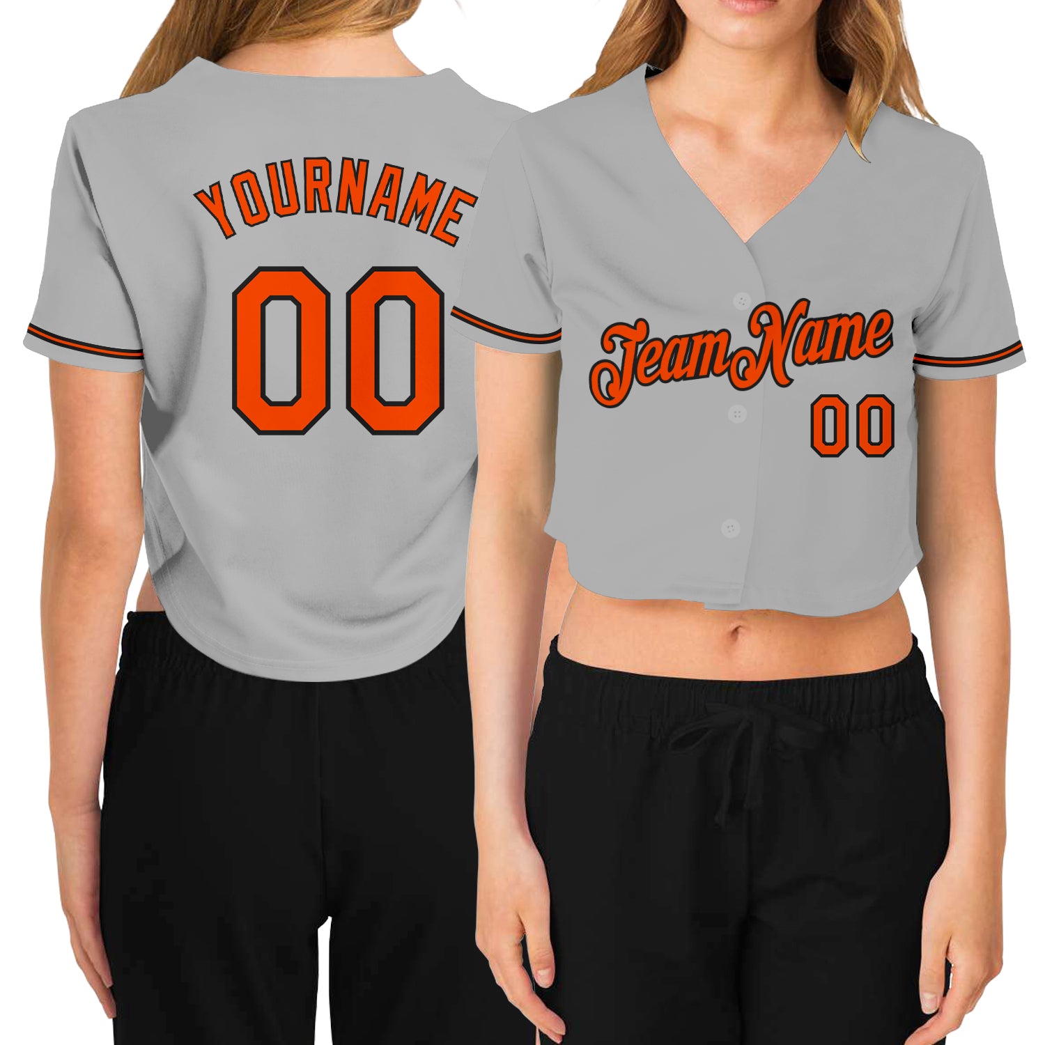 Custom Womens Gray Orange Black V-Neck Cropped Jersey for Baseball Custom Women's Gray Orange-Black V-Neck Cropped Baseball