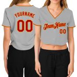 Gray Red-Gold Womens V-Neck Cropped Baseball Jersey - Custom Design Custom Women's Gray Red-Gold V-Neck Cropped Baseball