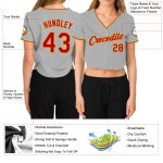 Gray Red-Gold Womens V-Neck Cropped Baseball Jersey - Custom Design Custom Women's Gray Red-Gold V-Neck Cropped Baseball - Image 3