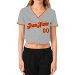 Gray Red-Gold Womens V-Neck Cropped Baseball Jersey - Custom Design Custom Women's Gray Red-Gold V-Neck Cropped Baseball - Image 2