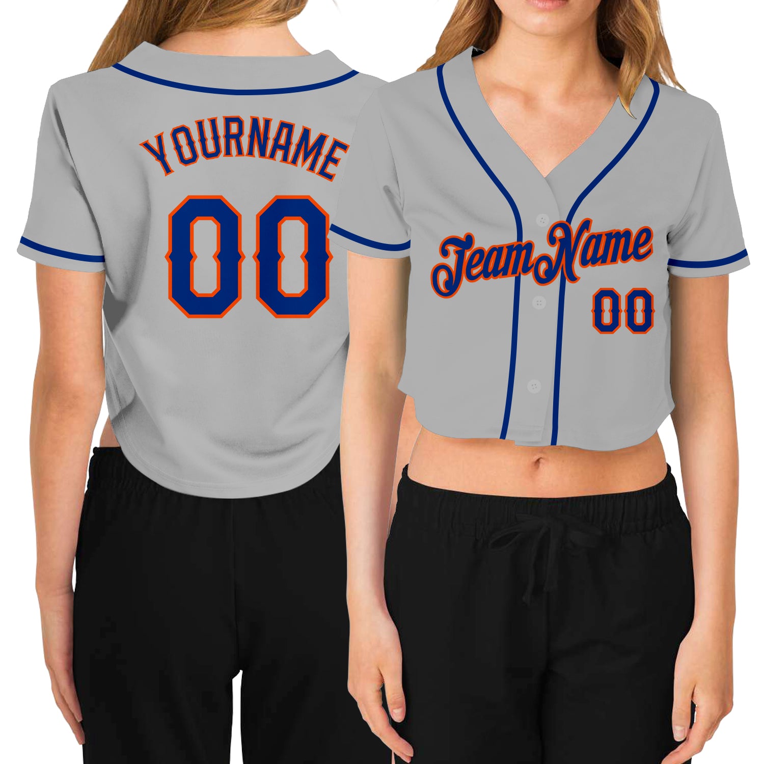 Custom Women's Gray Royal-Orange V-Neck Cropped Baseball Jersey Custom Womens V-Neck Cropped Baseball Jersey in Gray and Orange Custom Women's Gray Royal-Orange V-Neck Cropped Baseball - Image 1