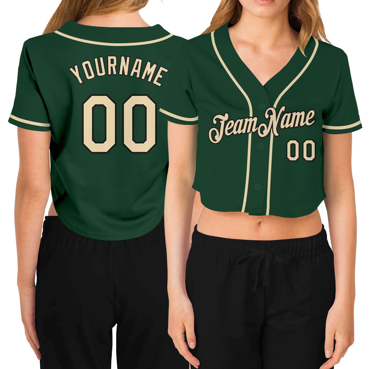 Custom Women's Green Cream-Black V-Neck Cropped Baseball Jersey Womens Custom Green Cream Black V-Neck Cropped Baseball Jersey Custom Women's Green Cream-Black V-Neck Cropped Baseball Jersey - Image 1