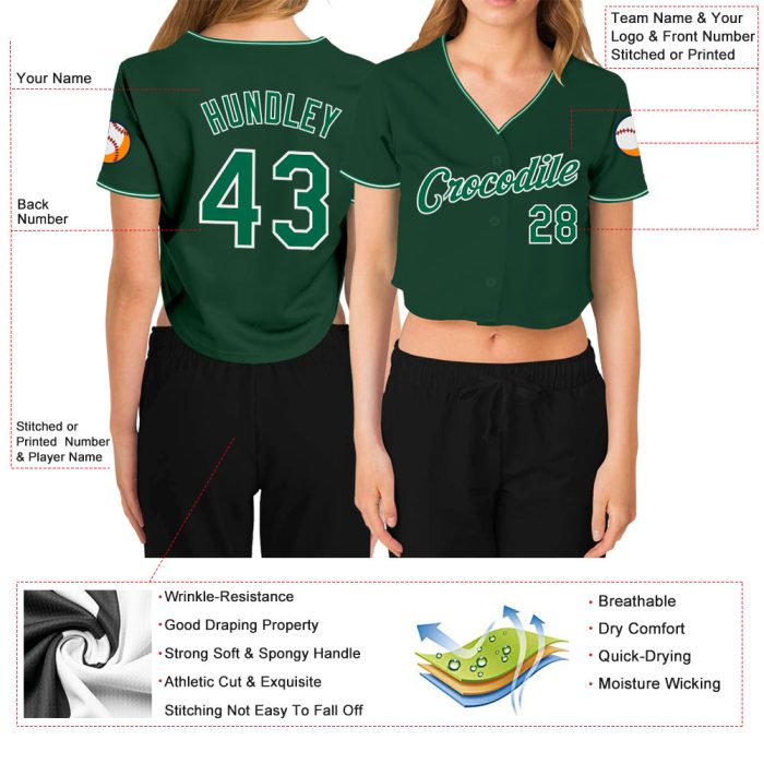 Custom Womens Green V-Neck Cropped Baseball Jersey in Kelly Green and White Custom Women's Green Kelly Green-White V-Neck - Image 3