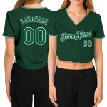 Custom Womens Green V-Neck Cropped Baseball Jersey in Kelly Green and White Custom Women's Green Kelly Green-White V-Neck