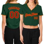 Custom Green Red Gold V-Neck Cropped Baseball Jersey for Women Custom Women's Green Red-Gold V-Neck Cropped Baseball Jersey
