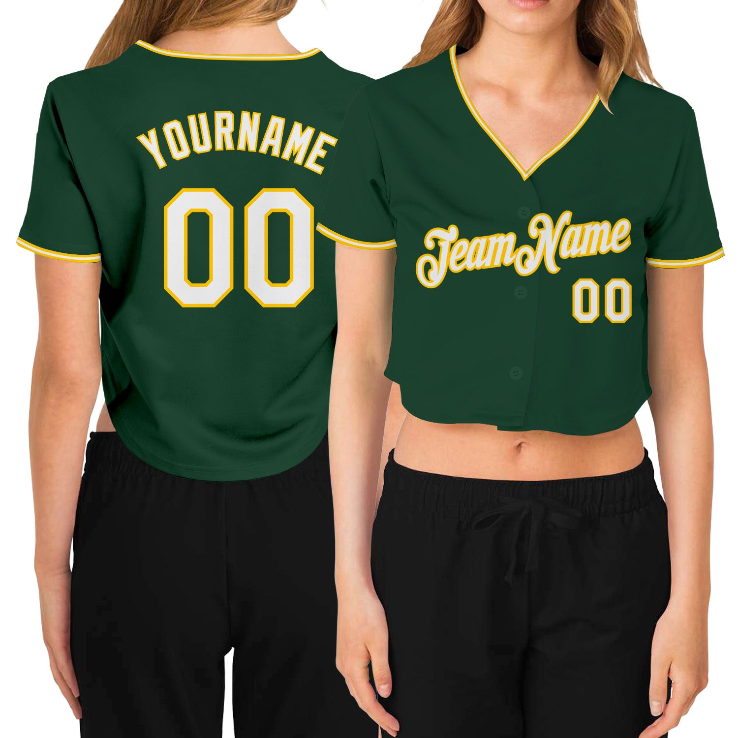 Womens Custom Green White Gold V-Neck Cropped Baseball Jersey Custom Women's Green White-Gold V-Neck Cropped Baseball Jersey