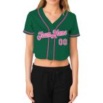 Womens Custom Kelly Green V-Neck Cropped Baseball Jersey in Pink and White Custom Women's Kelly Green Pink-White V-Neck Cropped - Image 2