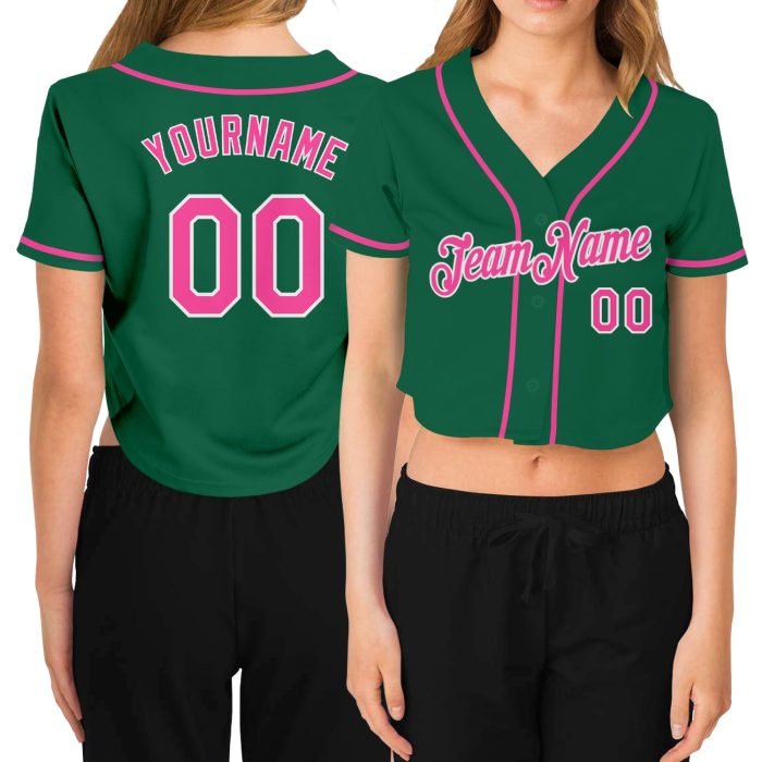 Womens Custom Kelly Green V-Neck Cropped Baseball Jersey in Pink and White Custom Women's Kelly Green Pink-White V-Neck Cropped - Image 1