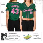 Womens Custom Kelly Green V-Neck Cropped Baseball Jersey in Pink and White Custom Women's Kelly Green Pink-White V-Neck Cropped - Image 3