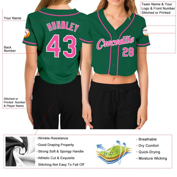 Womens Custom Kelly Green V-Neck Cropped Baseball Jersey in Pink and White Custom Women's Kelly Green Pink-White V-Neck Cropped - Image 3