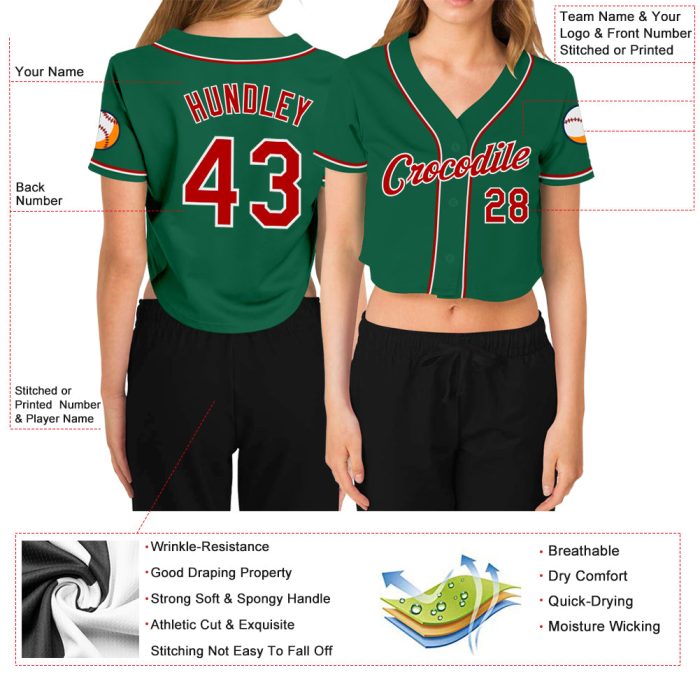 Womens Custom V-Neck Cropped Baseball Jersey in Kelly Green with Red and White Details Custom Women's Kelly Green Red-White - Image 3