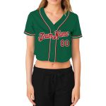 Womens Custom V-Neck Cropped Baseball Jersey in Kelly Green with Red and White Details Custom Women's Kelly Green Red-White - Image 2