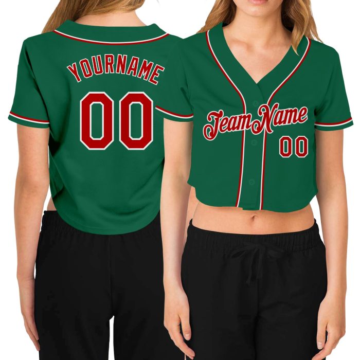 Womens Custom V-Neck Cropped Baseball Jersey in Kelly Green with Red and White Details Custom Women's Kelly Green Red-White - Image 1