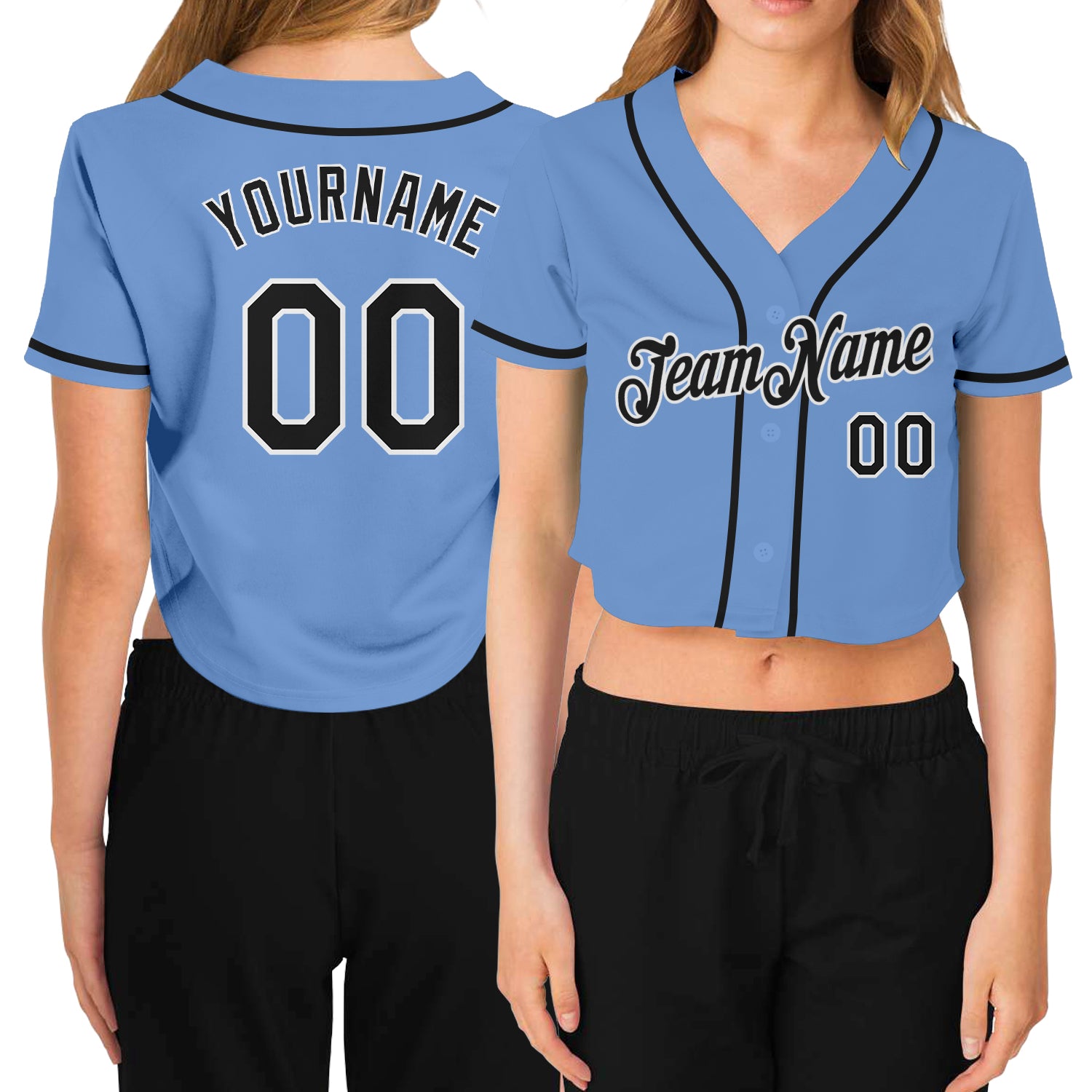 Custom Light Blue V-Neck Baseball Jersey for Women - Cropped Style in Black and White Custom Women's Light Blue Black-White