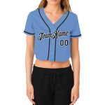 Custom Light Blue V-Neck Baseball Jersey for Women - Cropped Style in Black and White Custom Women's Light Blue Black-White - Image 2