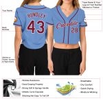 Light Blue Crimson-White V-Neck Cropped Baseball Jersey for Women - Customizable Custom Women's Light Blue Crimson-White - Image 3