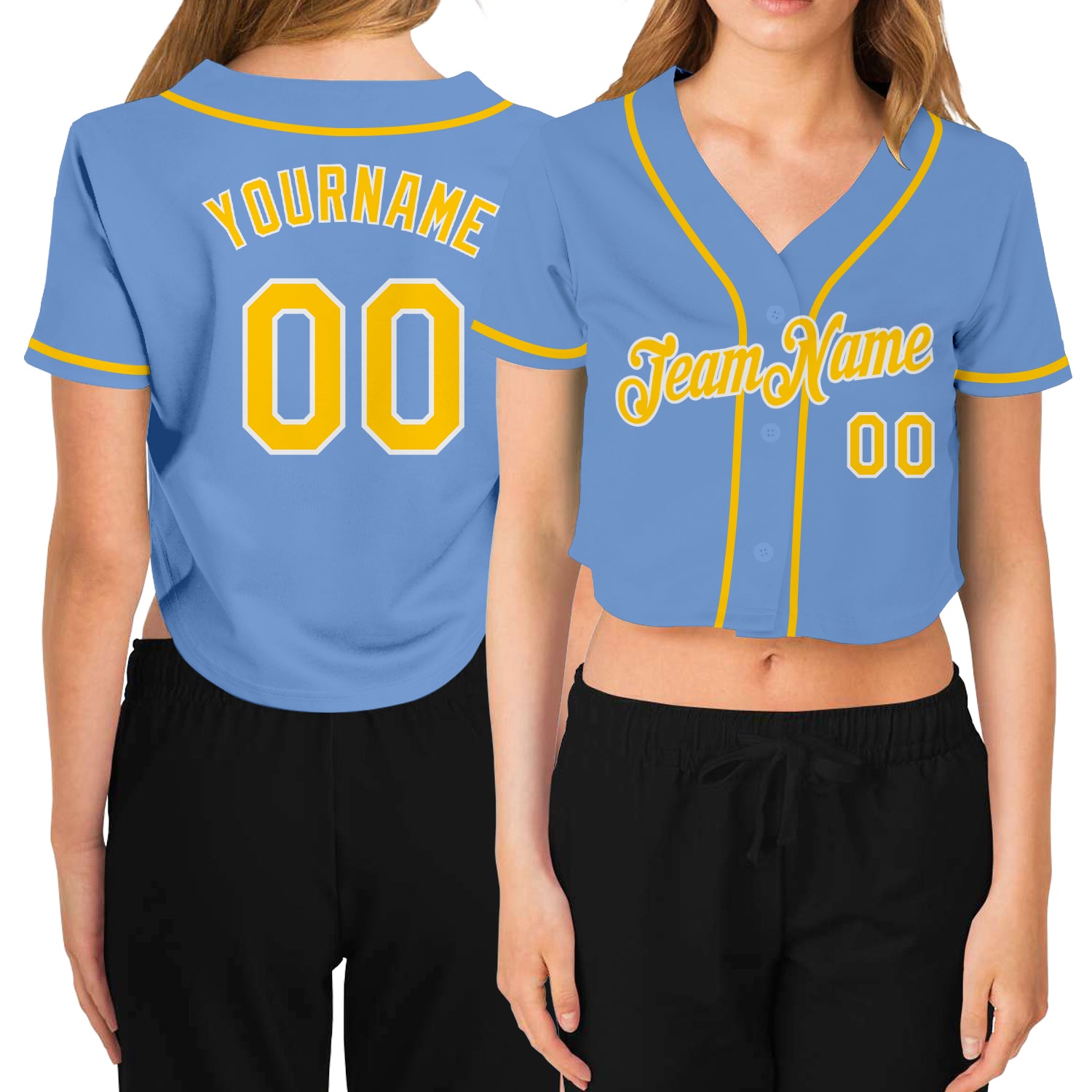 Light Blue Gold White V-Neck Cropped Jersey for Women - Custom Baseball Jersey Custom Women's Light Blue Gold-White V-Neck