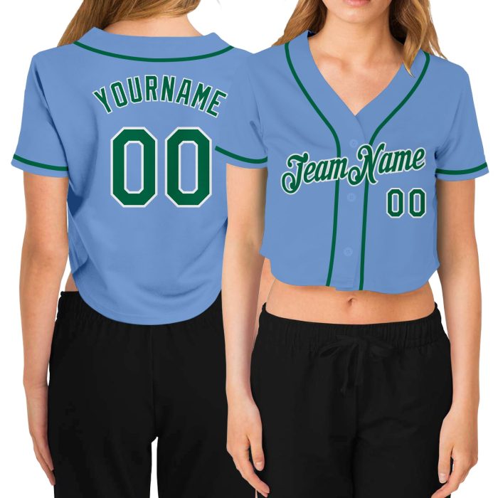 Custom Womens Light Blue V-Neck Cropped Baseball Jersey in Kelly Green and White Custom Women's Light Blue Kelly Green-White - Image 1