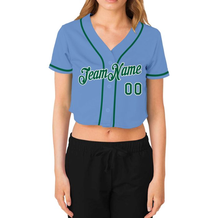 Custom Womens Light Blue V-Neck Cropped Baseball Jersey in Kelly Green and White Custom Women's Light Blue Kelly Green-White - Image 2