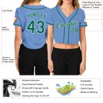 Custom Womens Light Blue V-Neck Cropped Baseball Jersey in Kelly Green and White Custom Women's Light Blue Kelly Green-White - Image 3