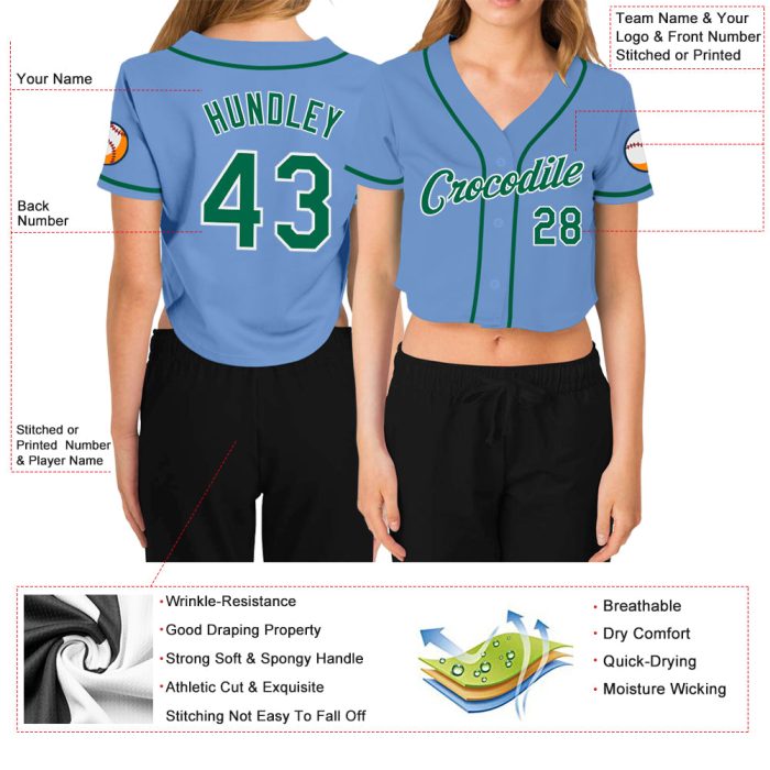 Custom Womens Light Blue V-Neck Cropped Baseball Jersey in Kelly Green and White Custom Women's Light Blue Kelly Green-White - Image 3
