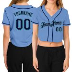 Light Blue Navy Gray Aqua Womens V-Neck Cropped Baseball Jersey Custom Custom Women's Light Blue Navy Gray-Aqua V-Neck Cropped
