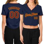 Navy Crimson-Gold V-Neck Cropped Womens Baseball Jersey - Custom Design Custom Women's Navy Crimson-Gold V-Neck Cropped Baseball